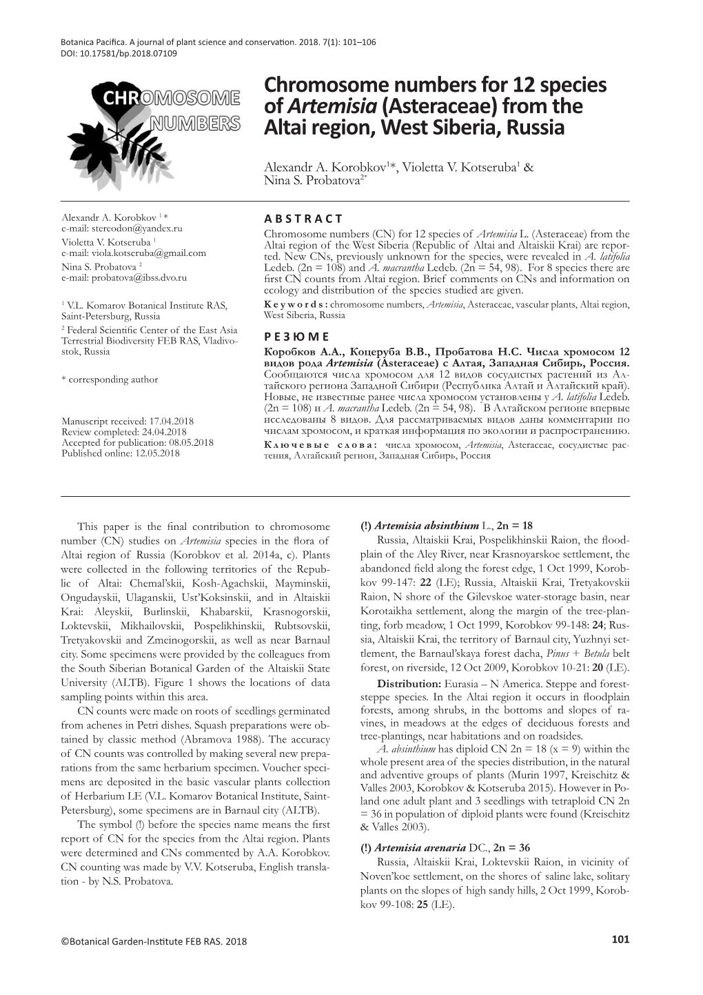 Chromosome Numbers for 12 Species of Artemisia(Asteraceae) from The