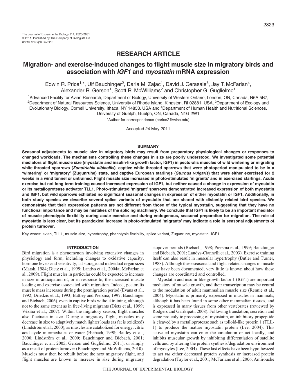 RESEARCH ARTICLE Migration- and Exercise-Induced Changes to Flight Muscle Size in Migratory Birds and Association with IGF1 and Myostatin Mrna Expression