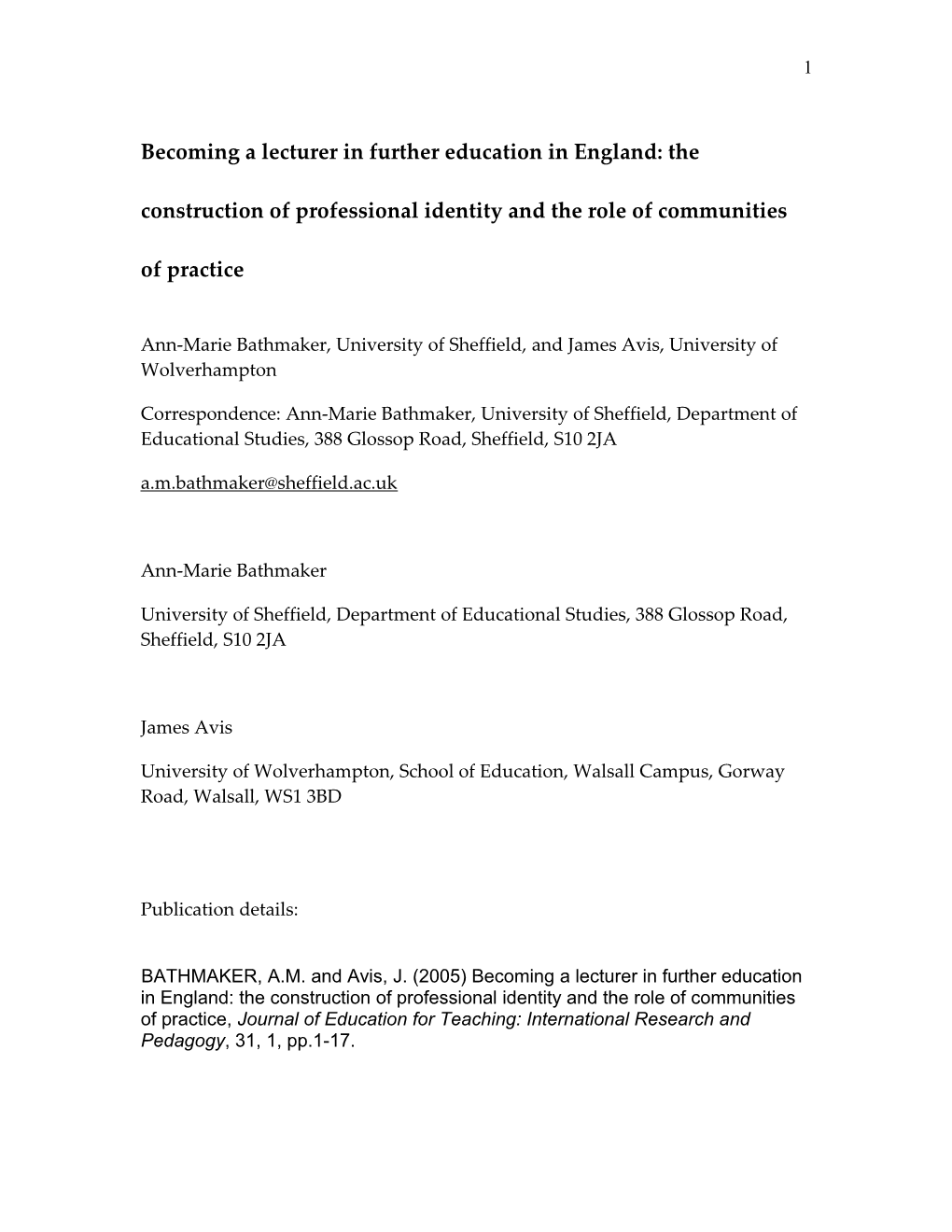 Becoming a Lecturer in Further Education in England: the Construction of Professional Identity