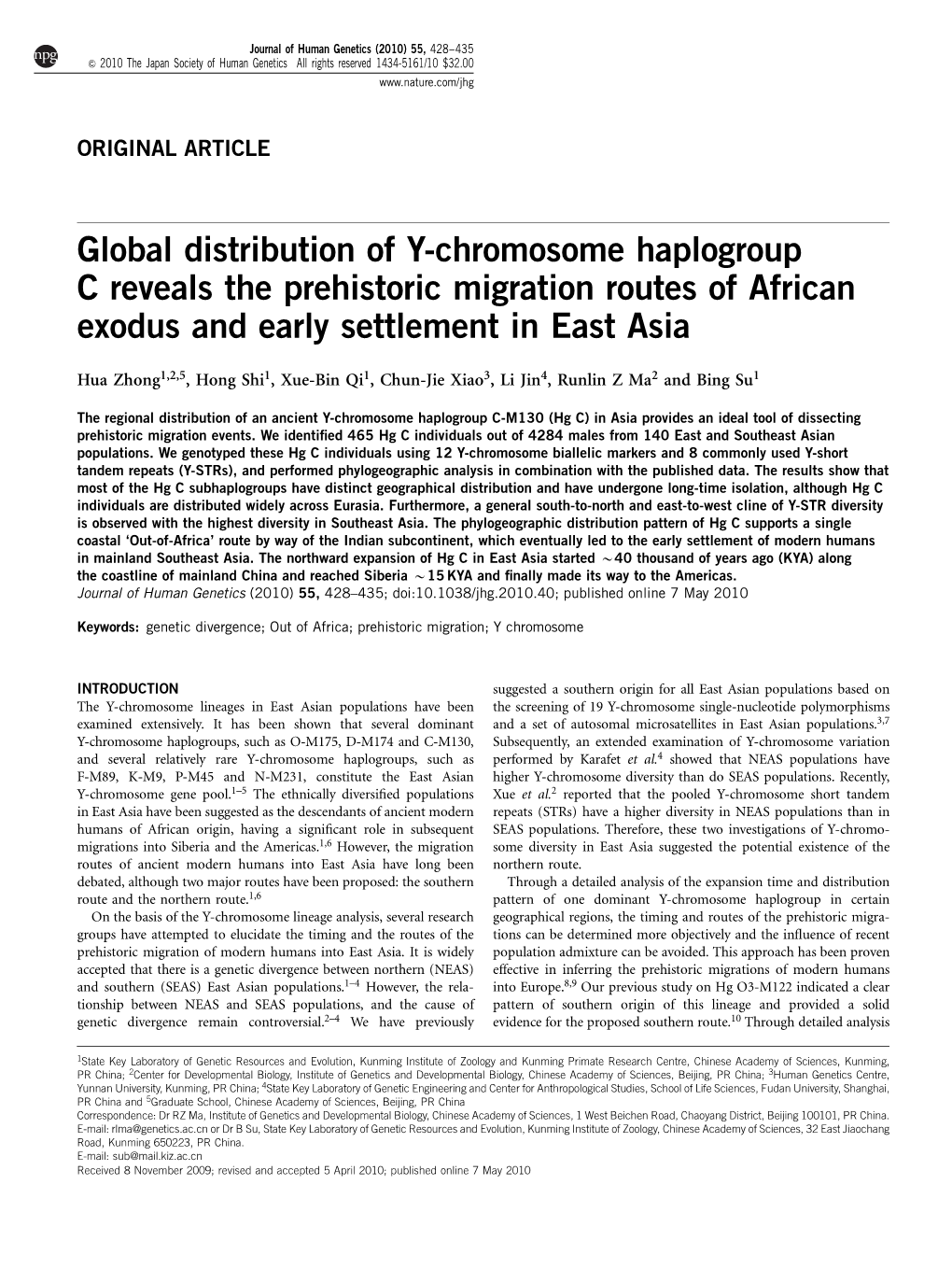 Global Distribution of Y-Chromosome Haplogroup C Reveals the Prehistoric Migration Routes of African Exodus and Early Settlement in East Asia