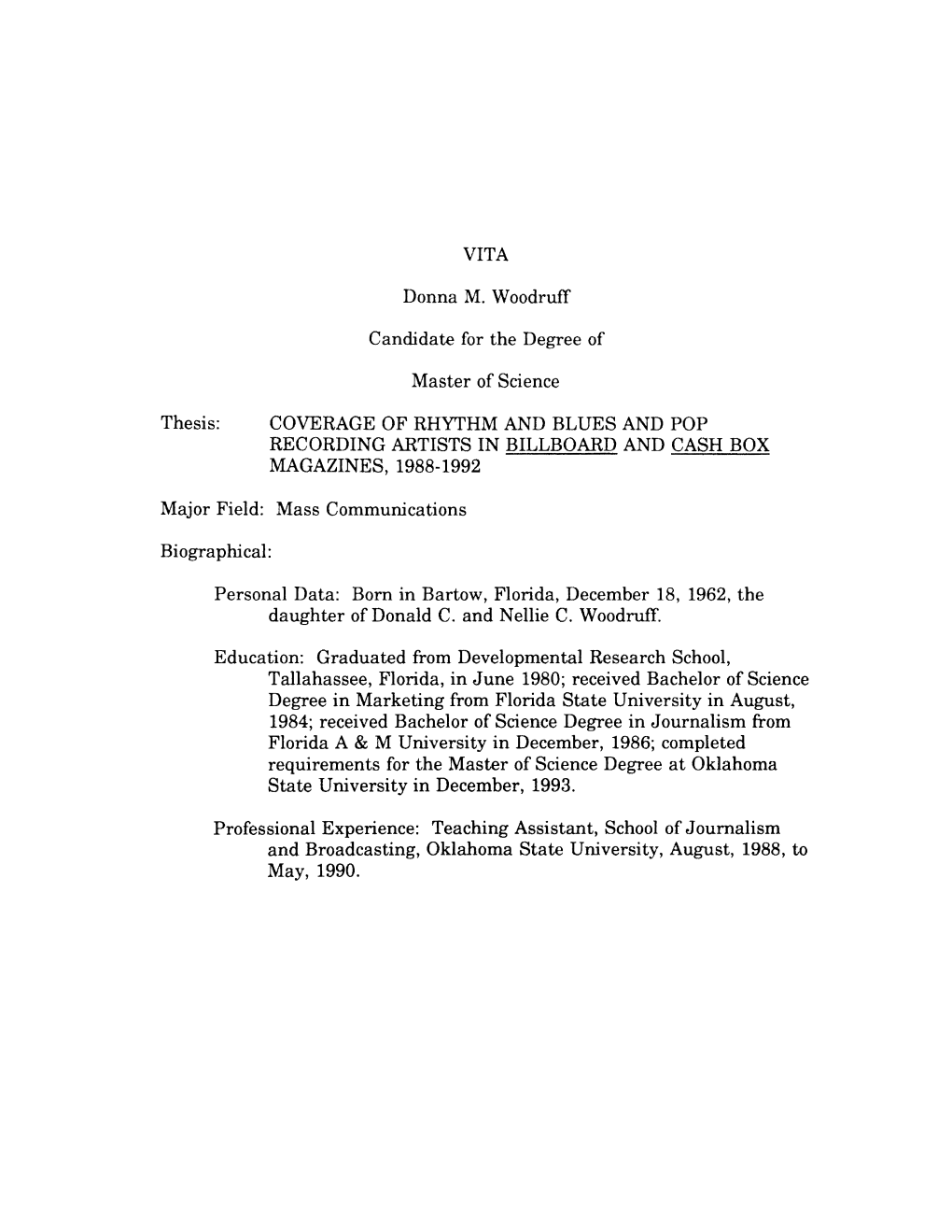 Thesis: COVERAGE of RHYTHM and BLUES and POP RECORDING ARTISTS in BILLBOARD and CASH BOX MAGAZINES, 1988-1992