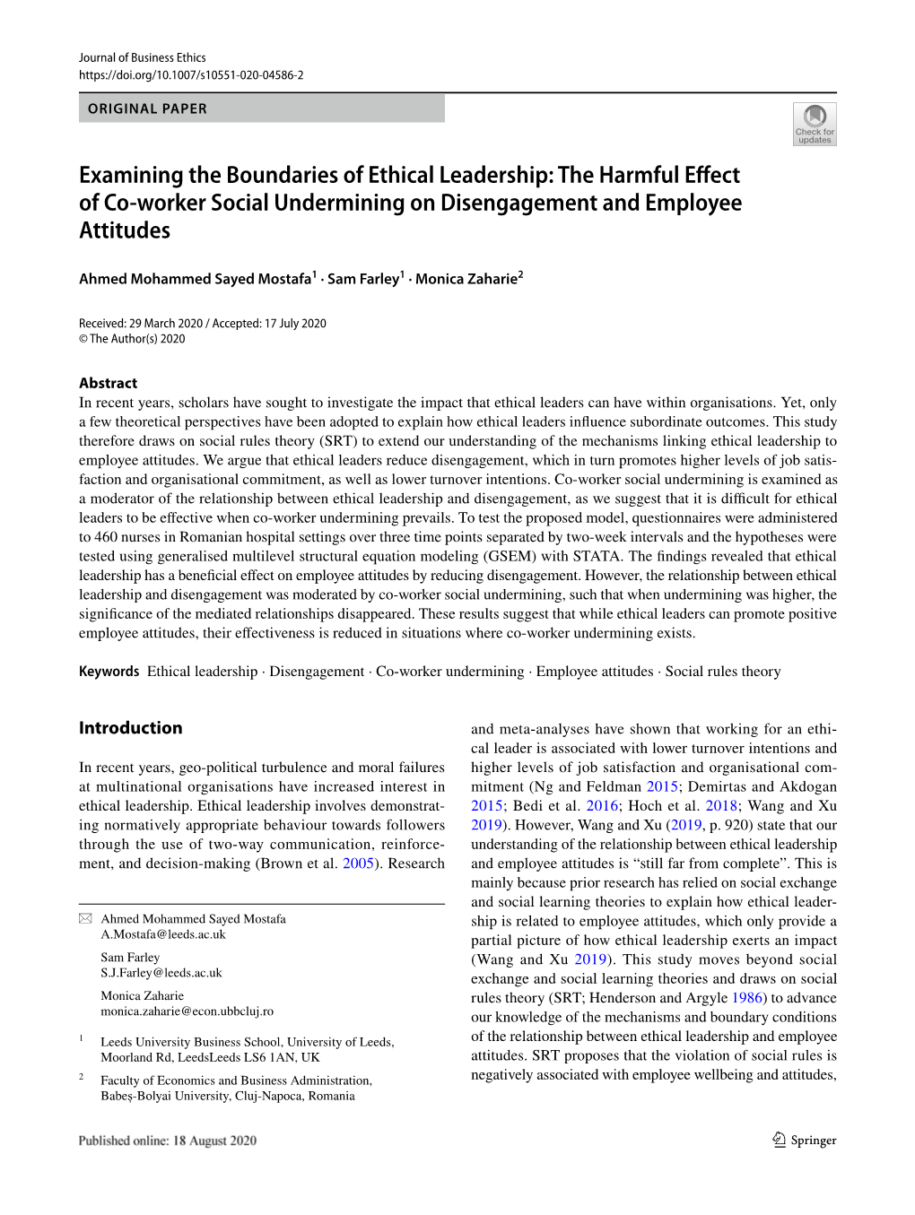 Examining the Boundaries of Ethical Leadership: the Harmful Effect Of