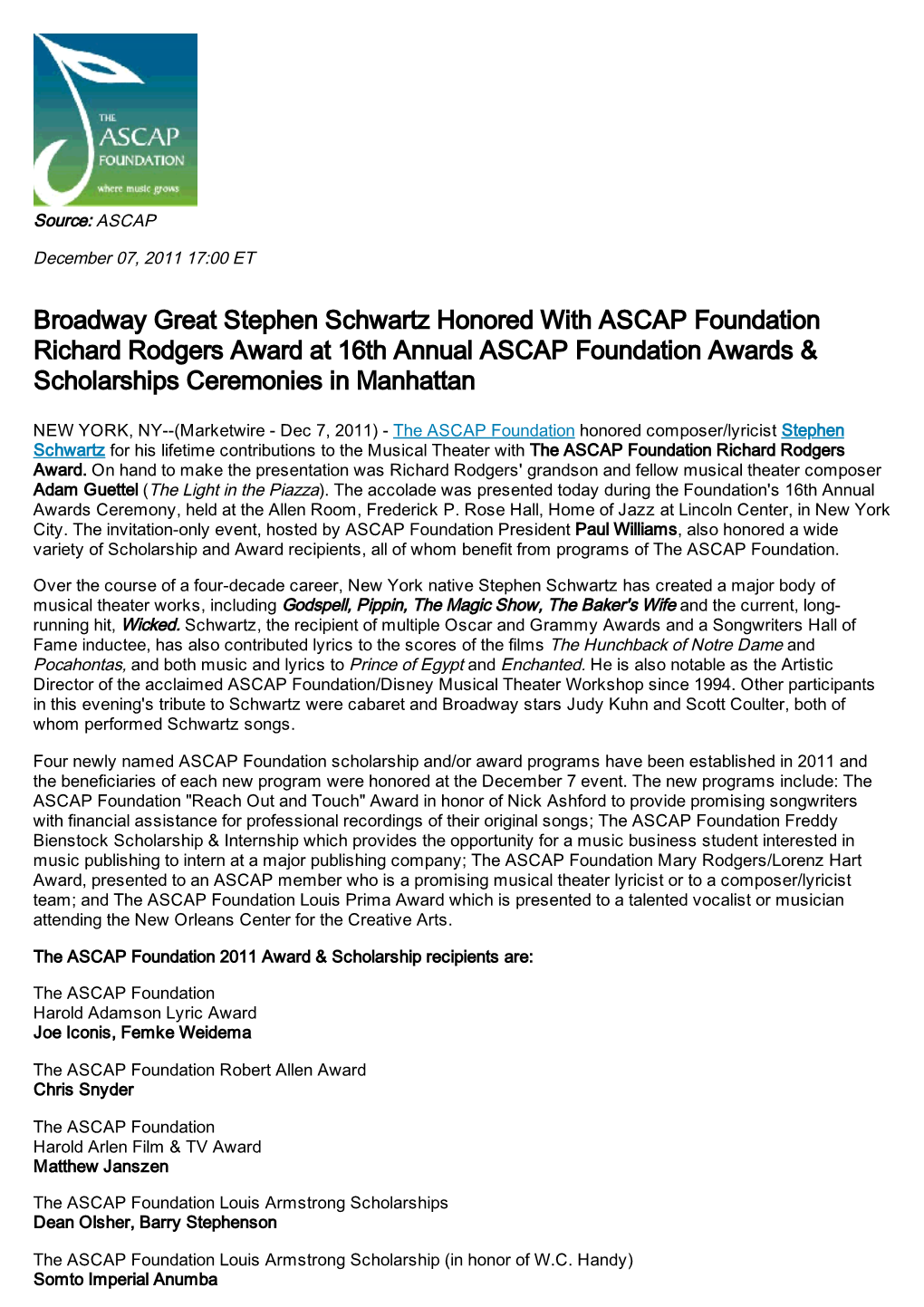 Broadway Great Stephen Schwartz Honored with ASCAP Foundation Richard Rodgers Award at 16Th Annual ASCAP Foundation Awards & Scholarships Ceremonies in Manhattan