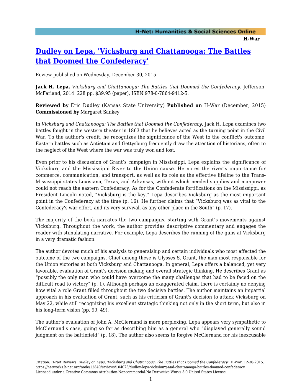 Dudley on Lepa, 'Vicksburg and Chattanooga: the Battles That Doomed the Confederacy'