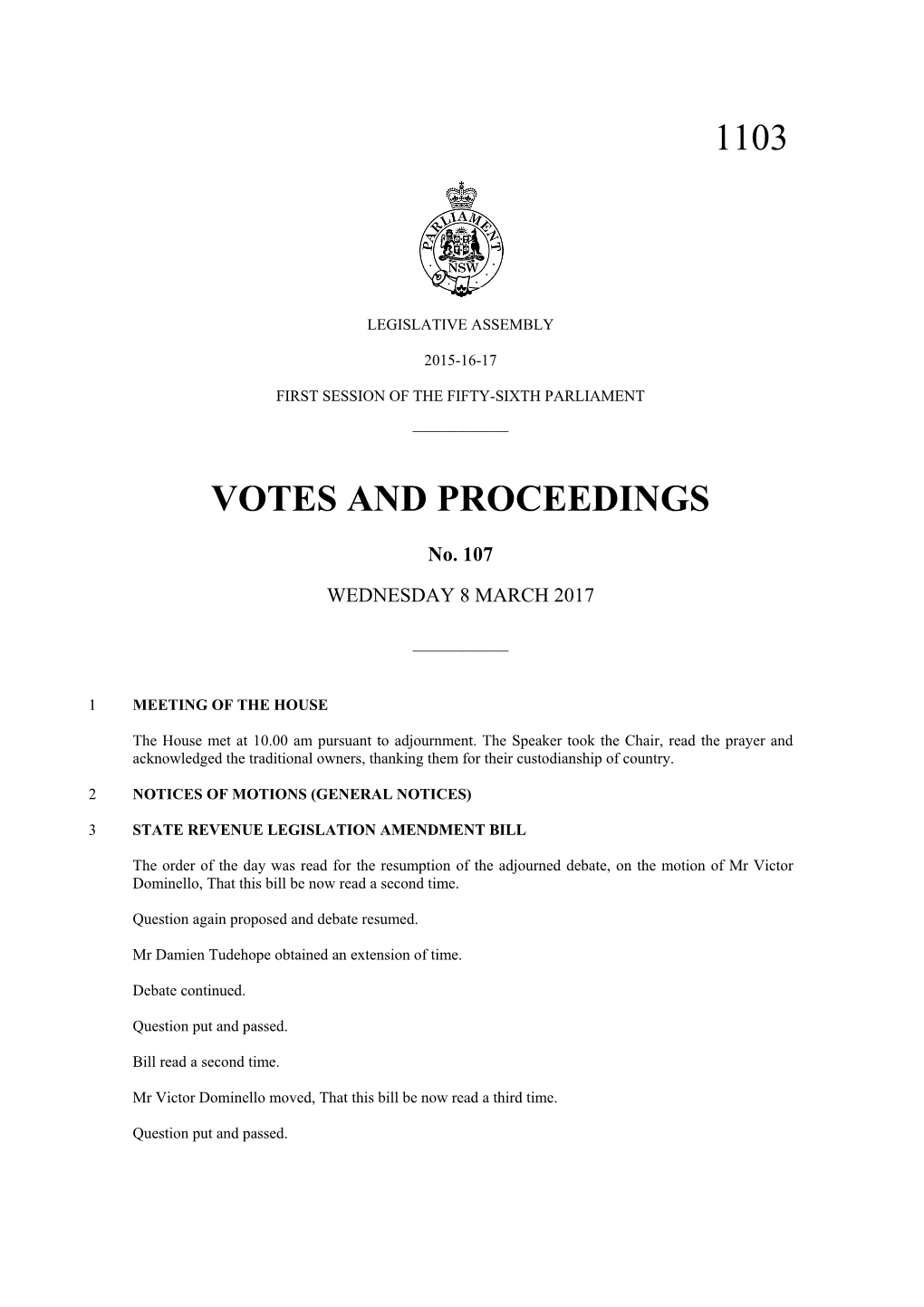 1103 Votes and Proceedings