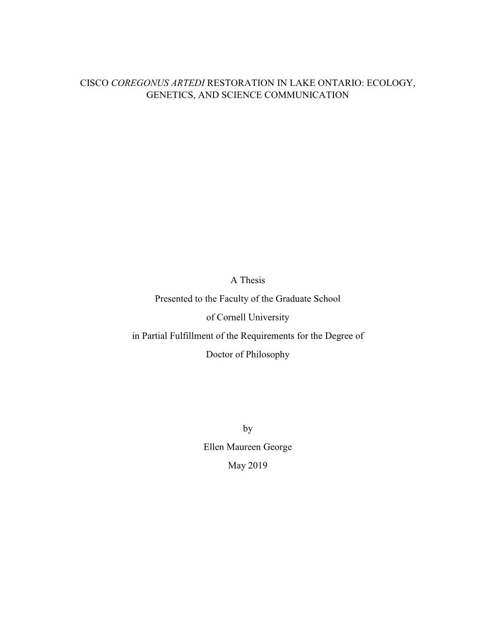 Cisco Coregonus Artedi Restoration in Lake Ontario: Ecology, Genetics, and Science Communication