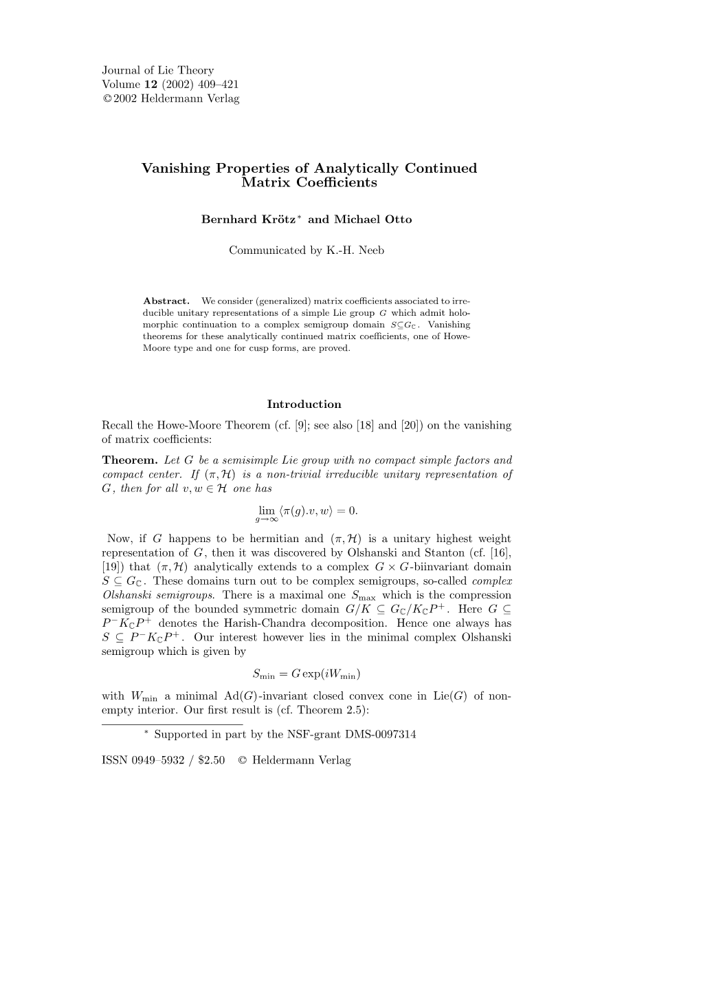 Vanishing Properties of Analytically Continued Matrix Coefficients