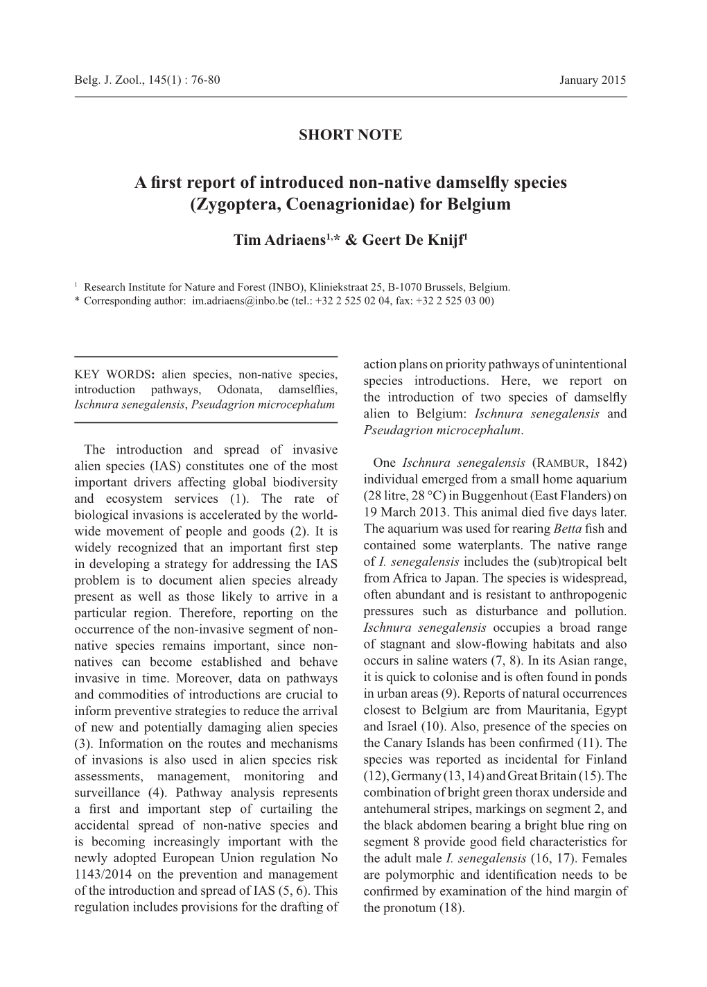 A First Report of Introduced Non-Native Damselfly Species (Zygoptera, Coenagrionidae) for Belgium