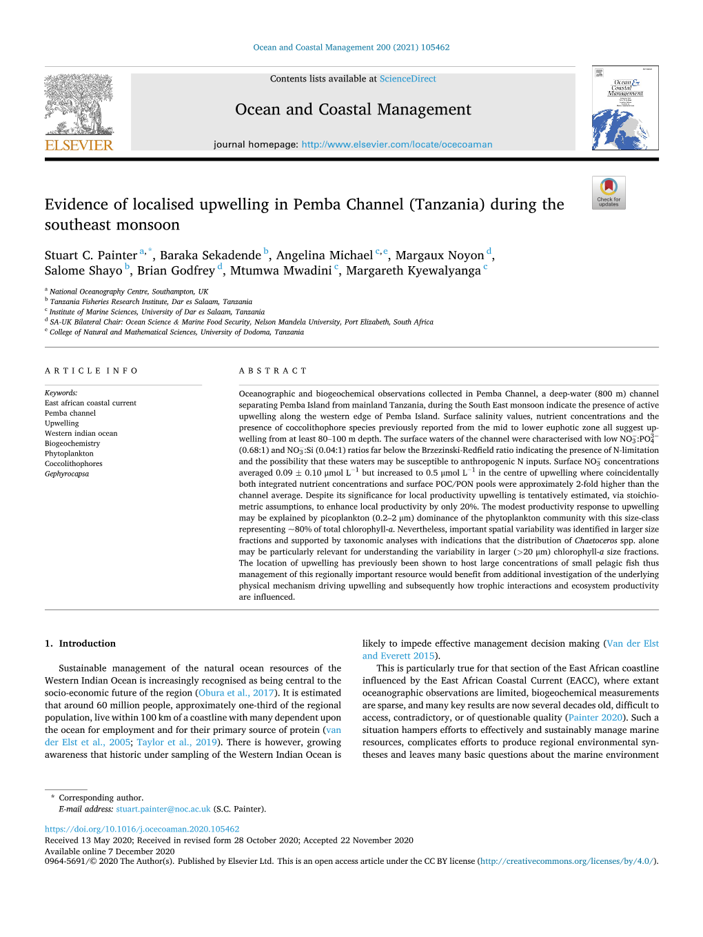 Evidence of Localised Upwelling in Pemba Channel (Tanzania) During the Southeast Monsoon