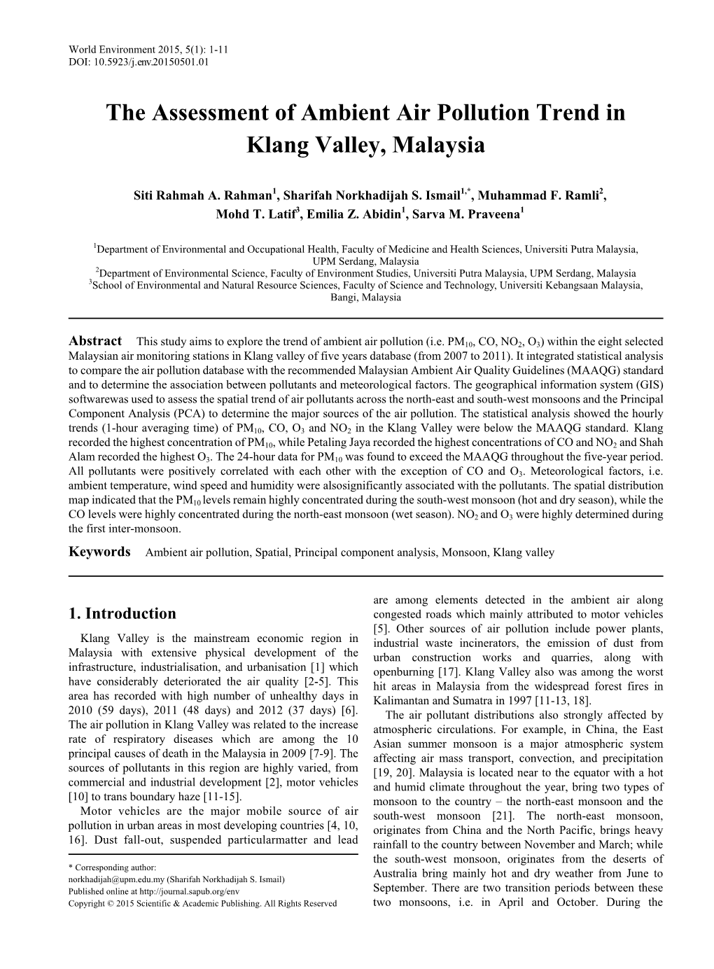 The Assessment of Ambient Air Pollution Trend in Klang Valley, Malaysia