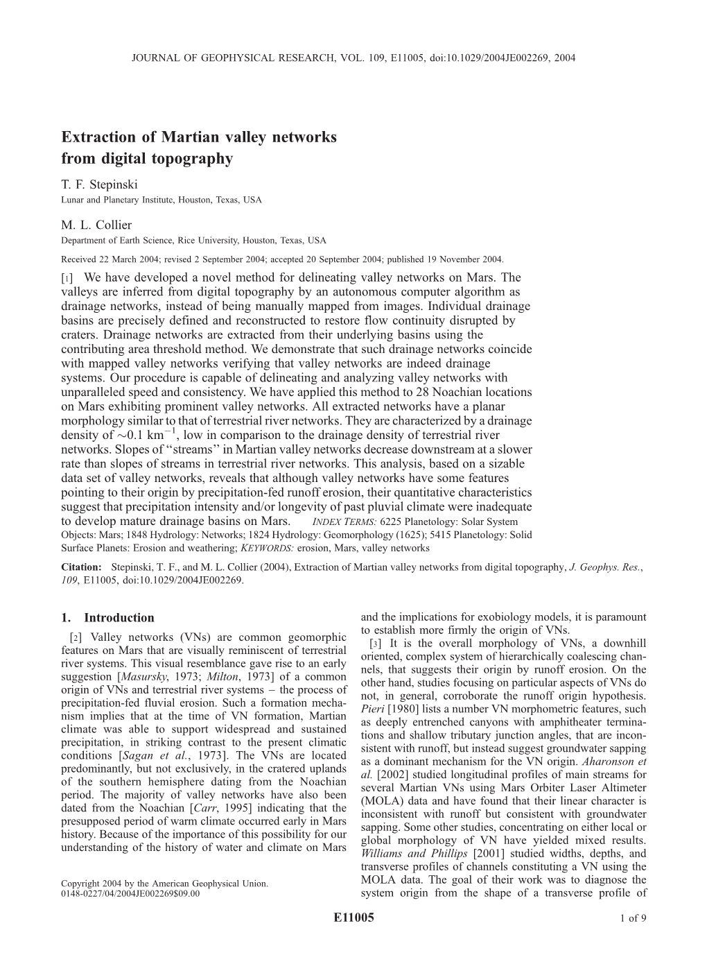 Extraction of Martian Valley Networks from Digital Topography T