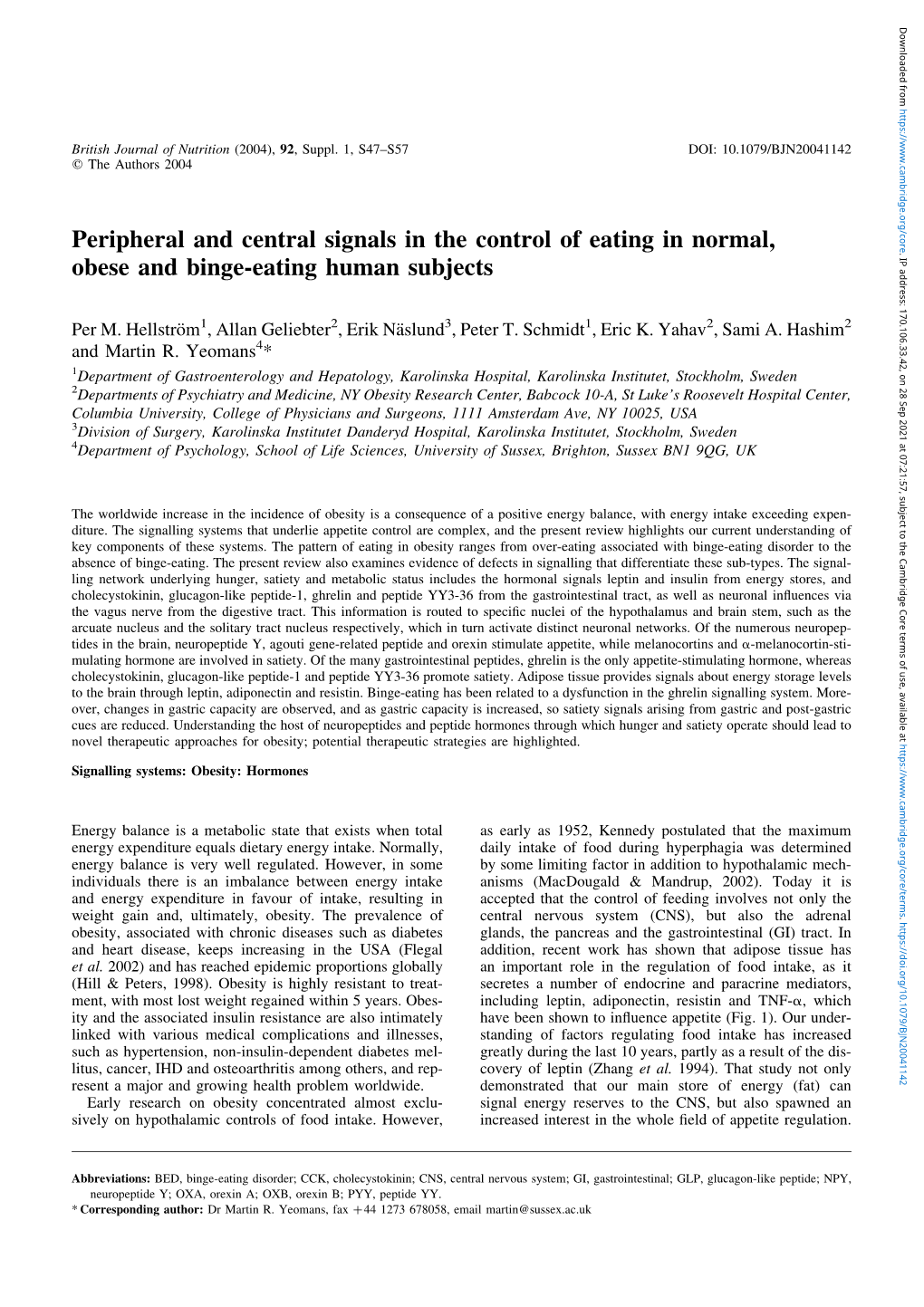 Peripheral and Central Signals in the Control of Eating in Normal, Obese