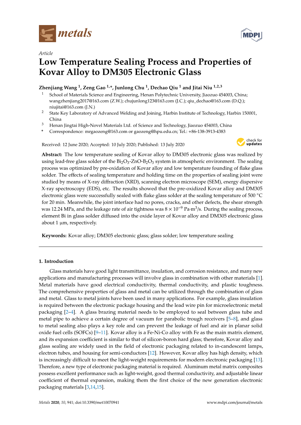 Low Temperature Sealing Process and Properties of Kovar Alloy to DM305 Electronic Glass