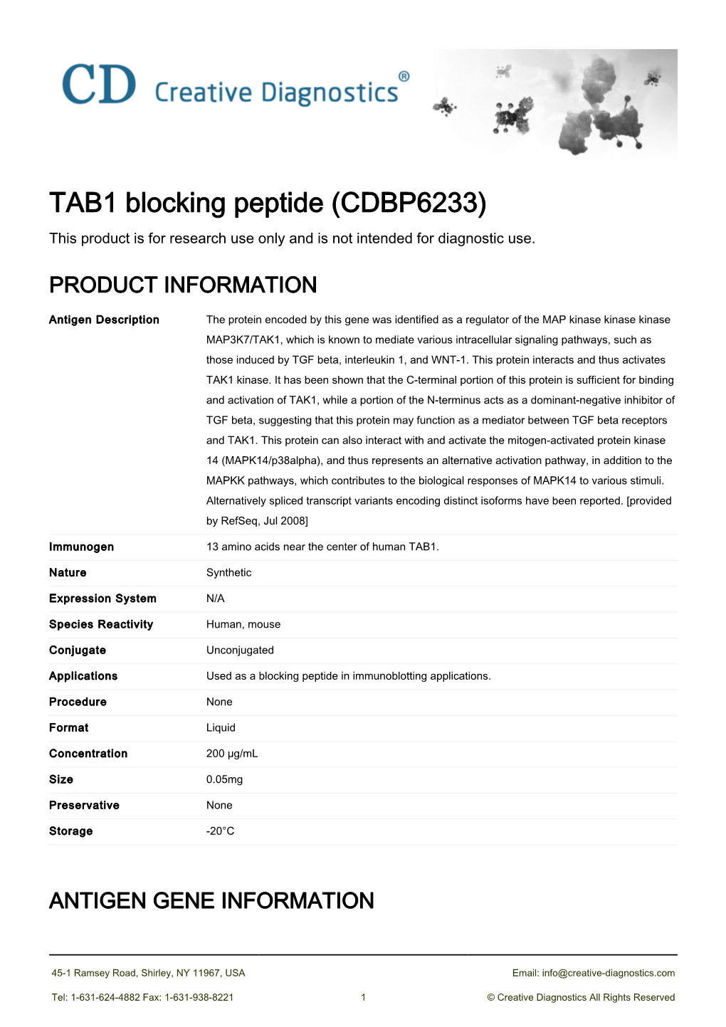 TAB1 Blocking Peptide (CDBP6233) This Product Is for Research Use Only and Is Not Intended for Diagnostic Use
