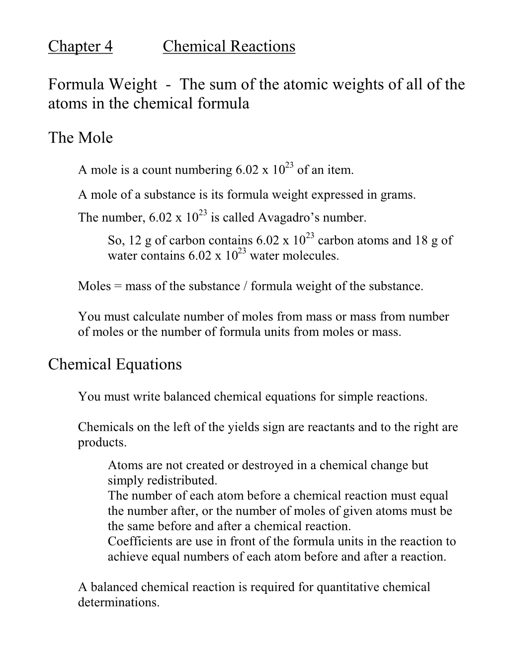 Chapter 4 Chemical Reactions Formula Weight