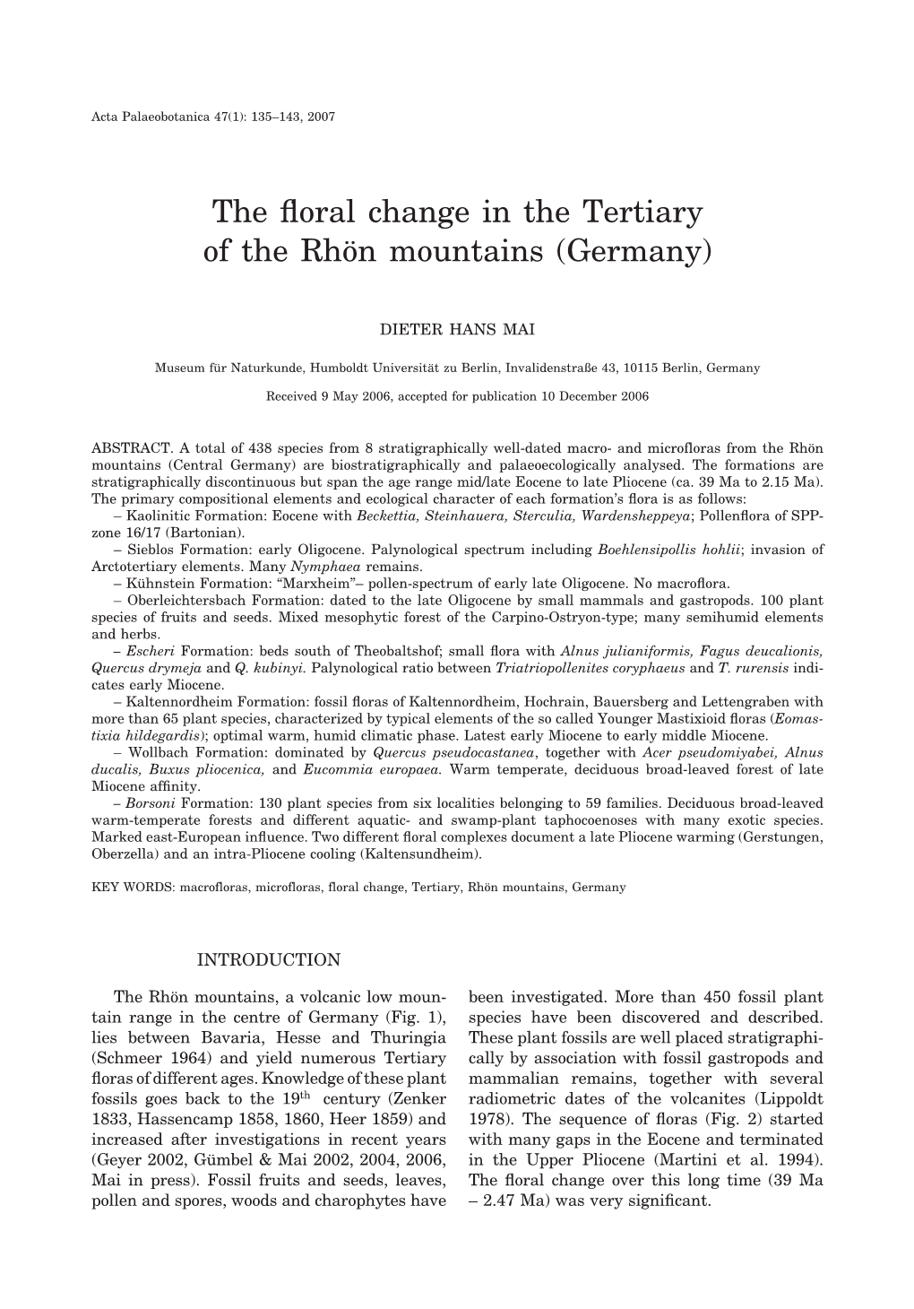 The Floral Change in the Tertiary of the Rhön Mountains (Germany)