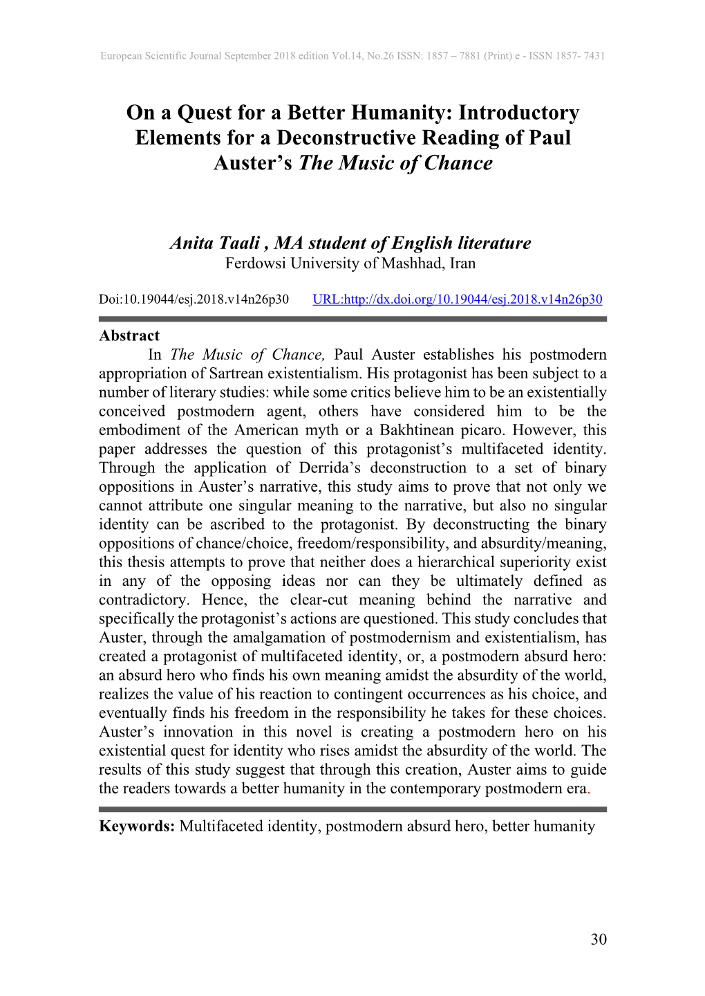 On a Quest for a Better Humanity: Introductory Elements for a Deconstructive Reading of Paul Auster’S the Music of Chance