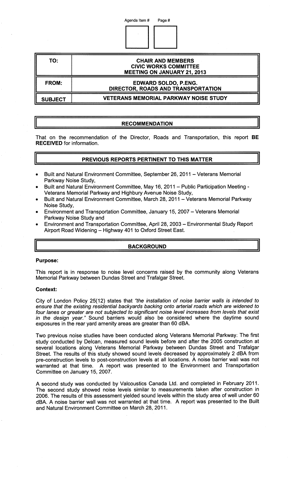 Veterans Memorial Parkway Noise Study