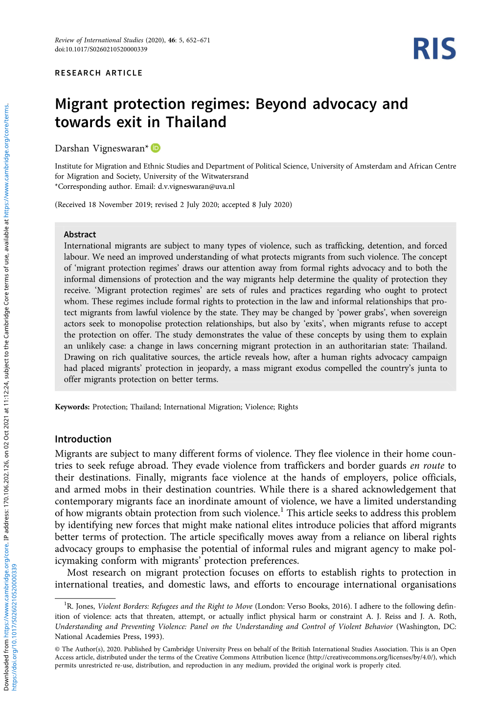 Migrant Protection Regimes: Beyond Advocacy and Towards Exit in Thailand