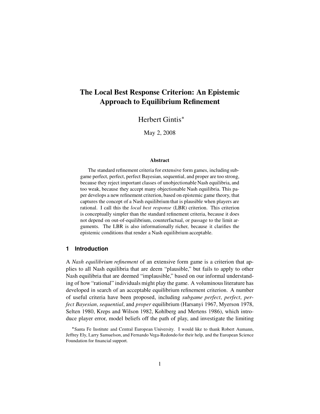 An Epistemic Approach to Equilibrium Refinement Herbert Gintis