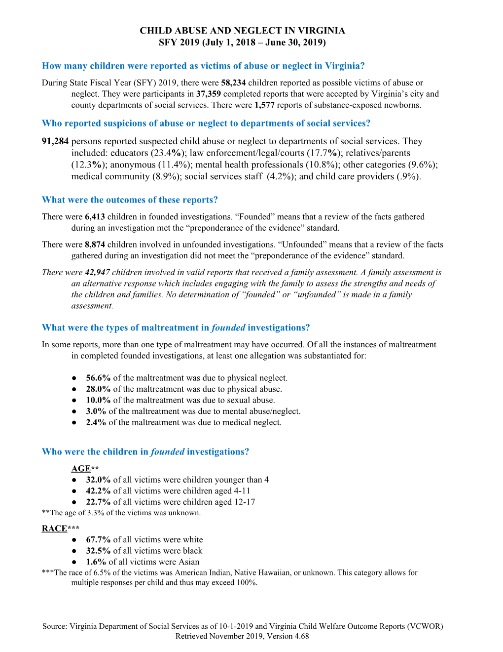 CHILD ABUSE and NEGLECT in VIRGINIA SFY 2019 (July 1, 2018 – June 30, 2019)