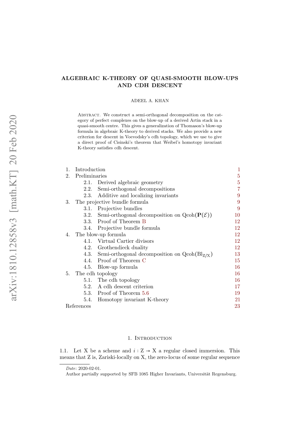 Arxiv:1810.12858V3 [Math.KT] 20 Feb 2020 En Htzi,Zrsilclyo ,Tezr-Ou Fsome of Zero-Locus the X, on Zariski-Locally Is, Z That Means ..Ltxb Ceeand Scheme a Be X Let 1.1