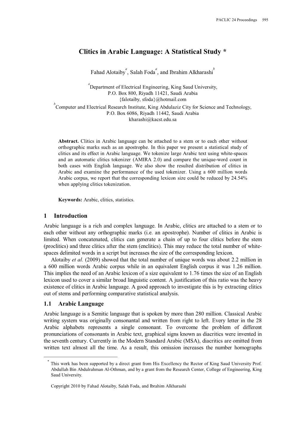 Clitics in Arabic Language: a Statistical Study *