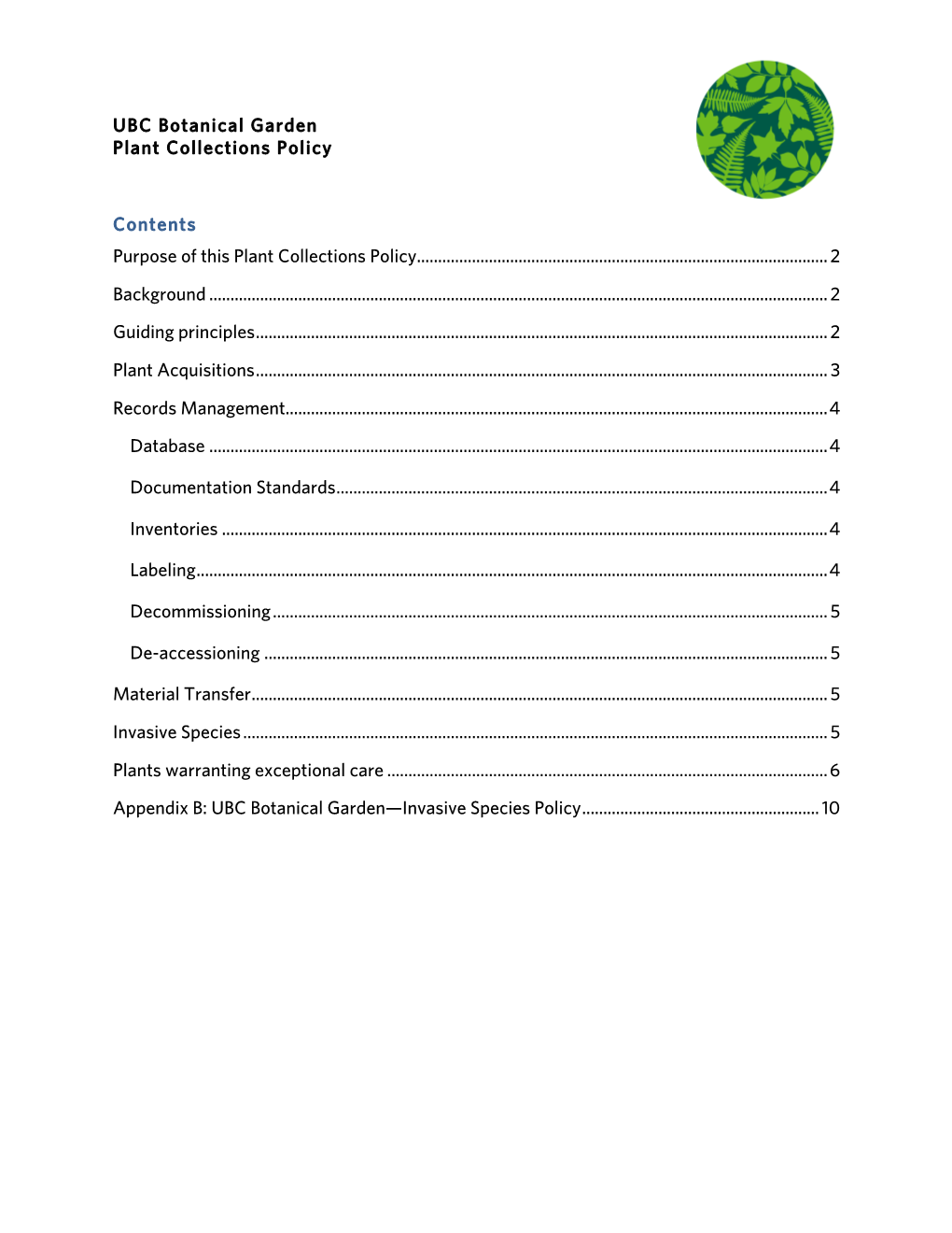 UBC Botanical Garden Plant Collections Policy Contents