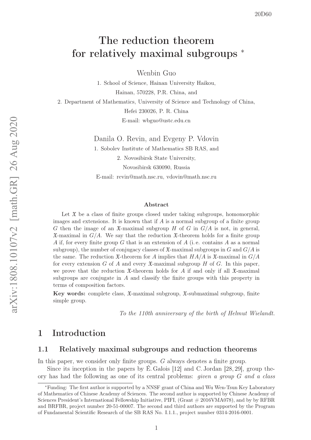 Arxiv:1808.10107V2 [Math.GR] 26 Aug 2020 the Reduction Theorem For