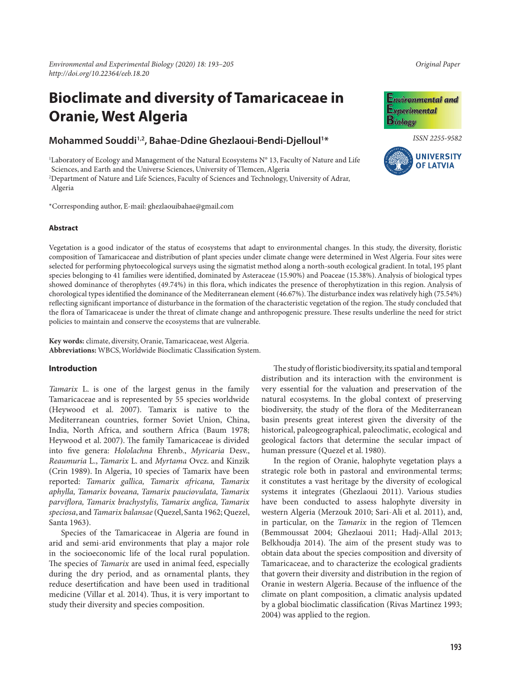 Bioclimate and Diversity of Tamaricaceae in Oranie, West Algeria