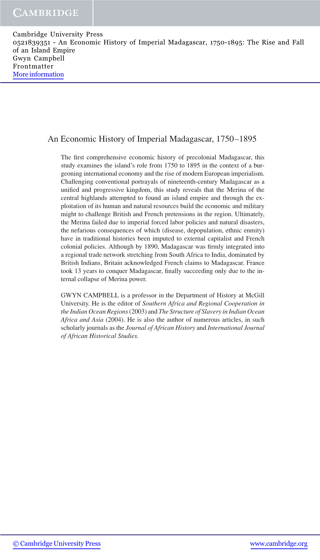 An Economic History of Imperial Madagascar, 1750–1895