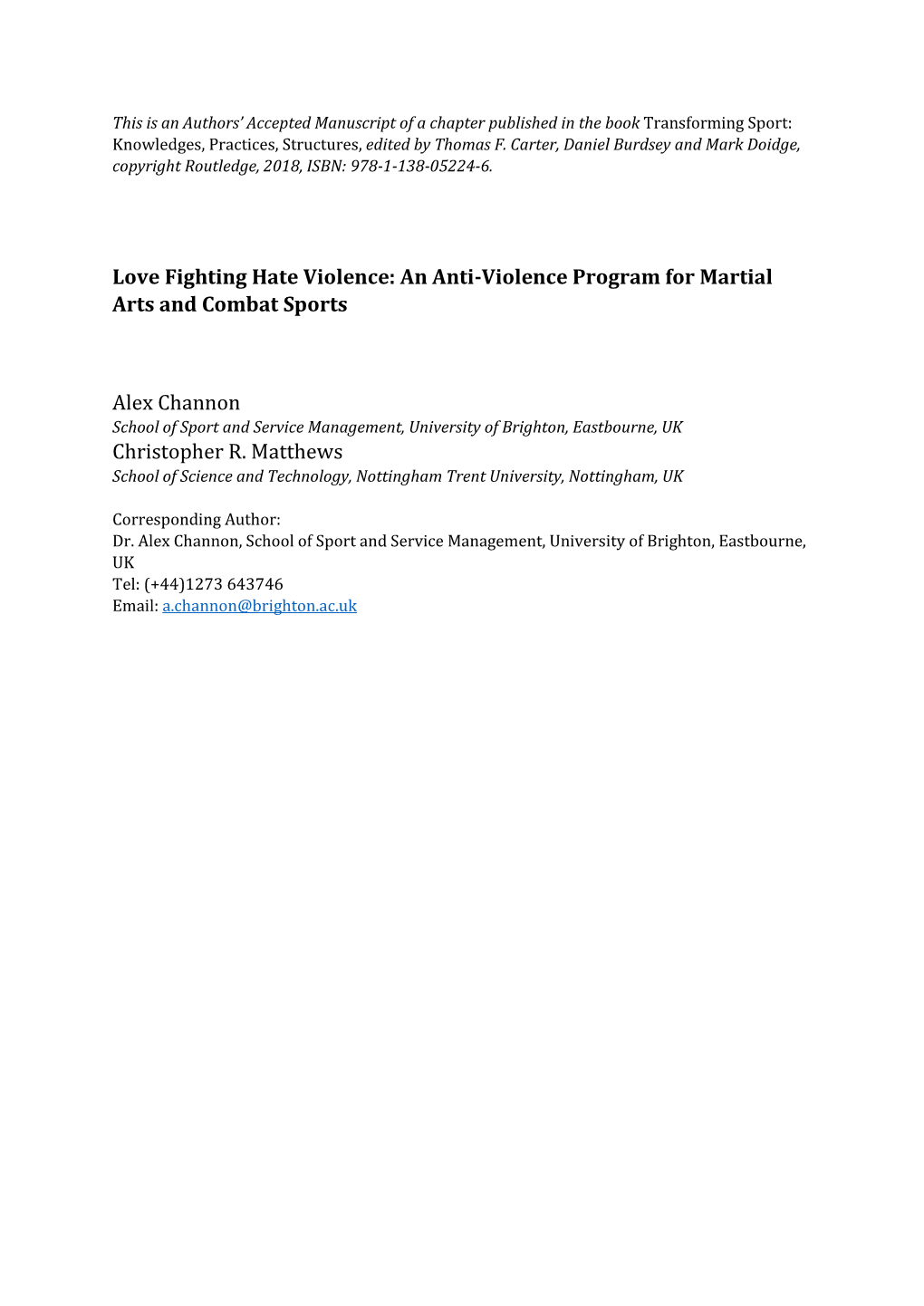 An Anti-Violence Program for Martial Arts and Combat Sports Alex