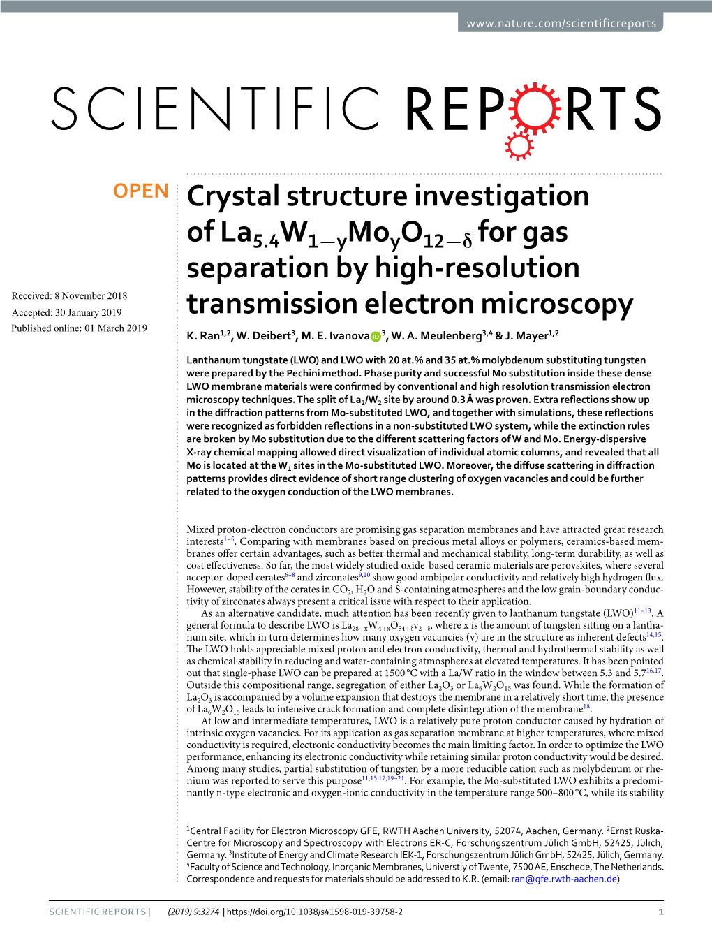 Crystal Structure Investigation of La5.4W1−Ymoyo12−Δ for Gas Separation by High-Resolution Transmission Electron Microscopy