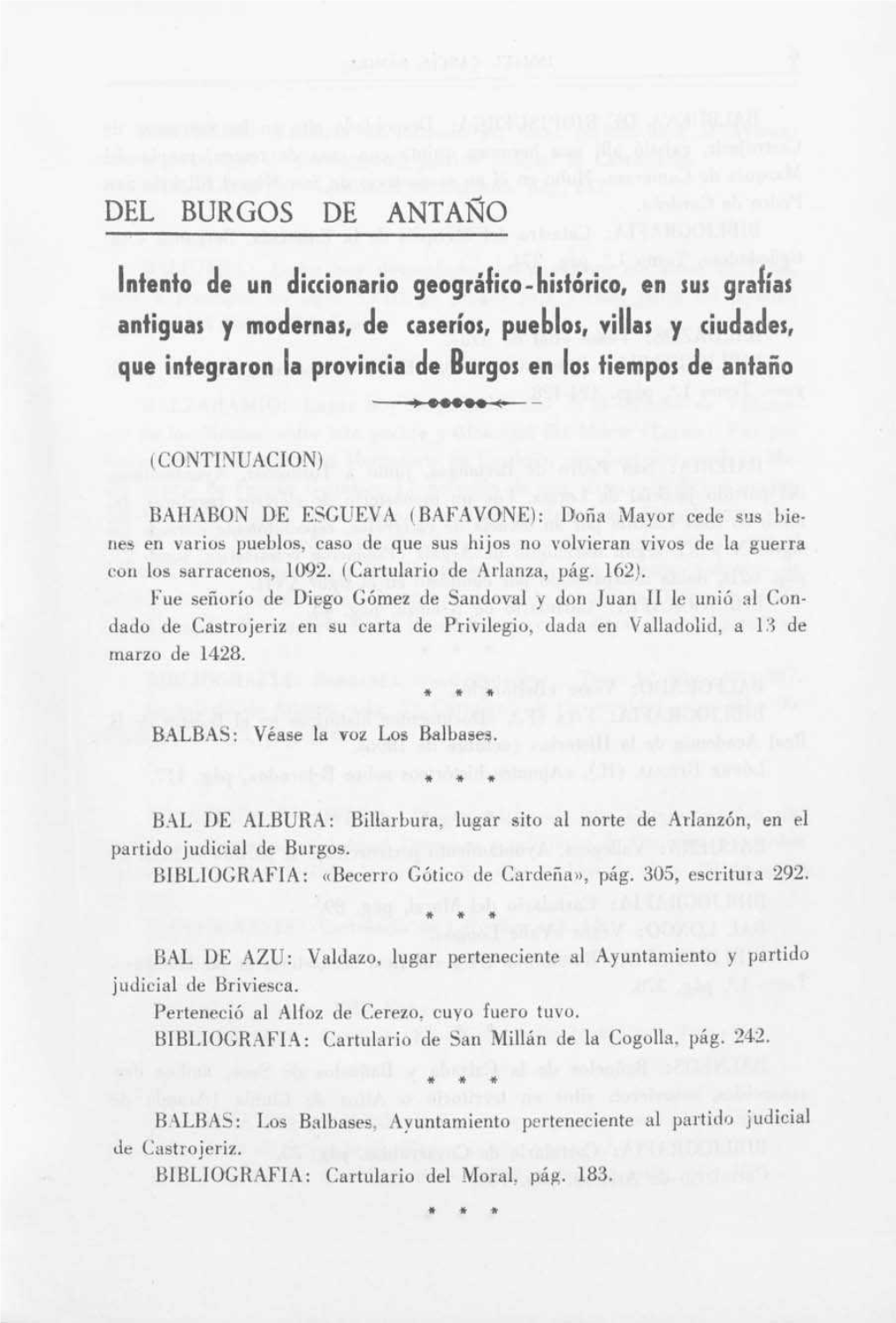 DEL BURGOS DE ANTAÑO Intento De Un Diccionario Geográfico-Histórico