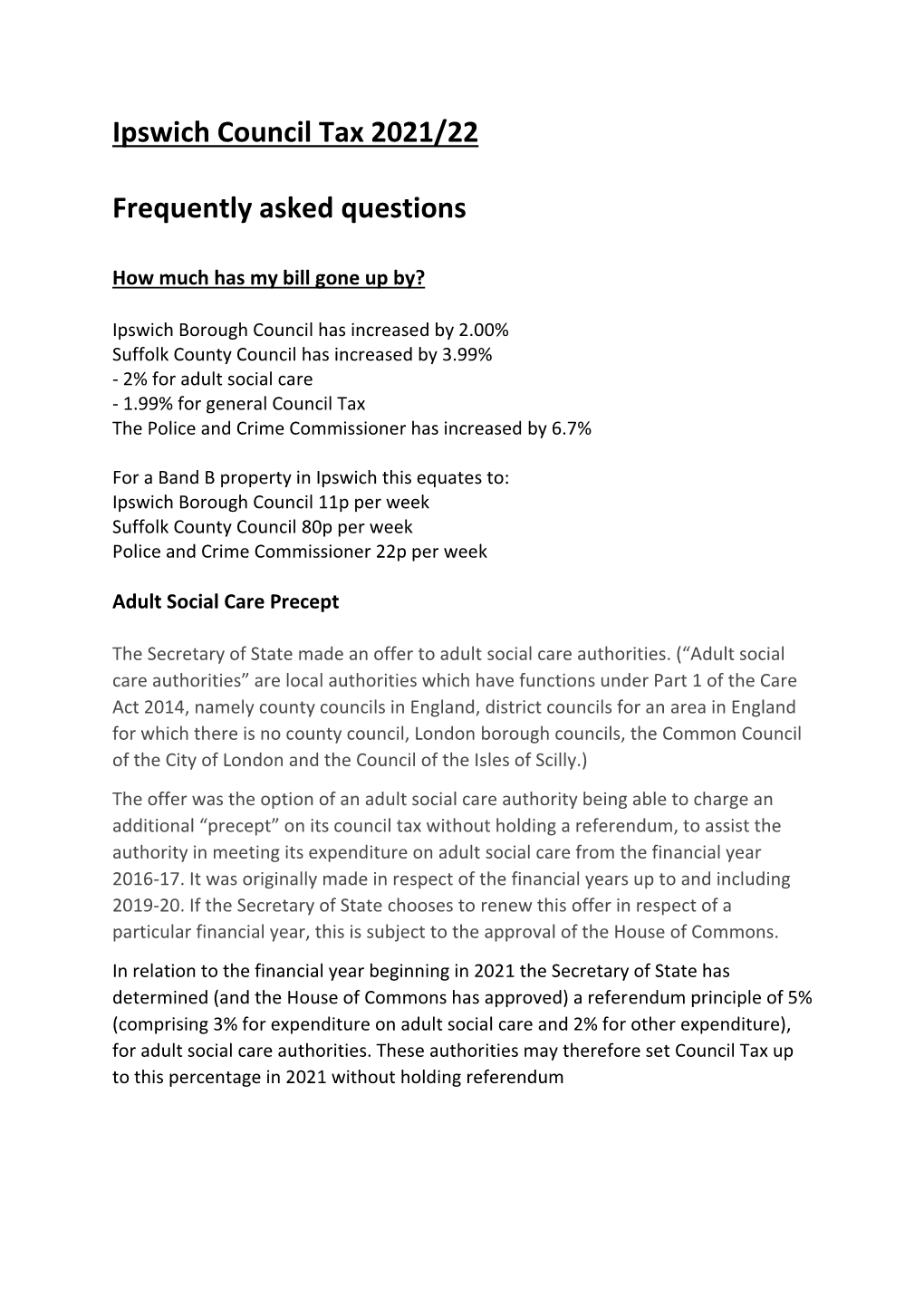 Ipswich Council Tax 2021/22 Frequently Asked Questions