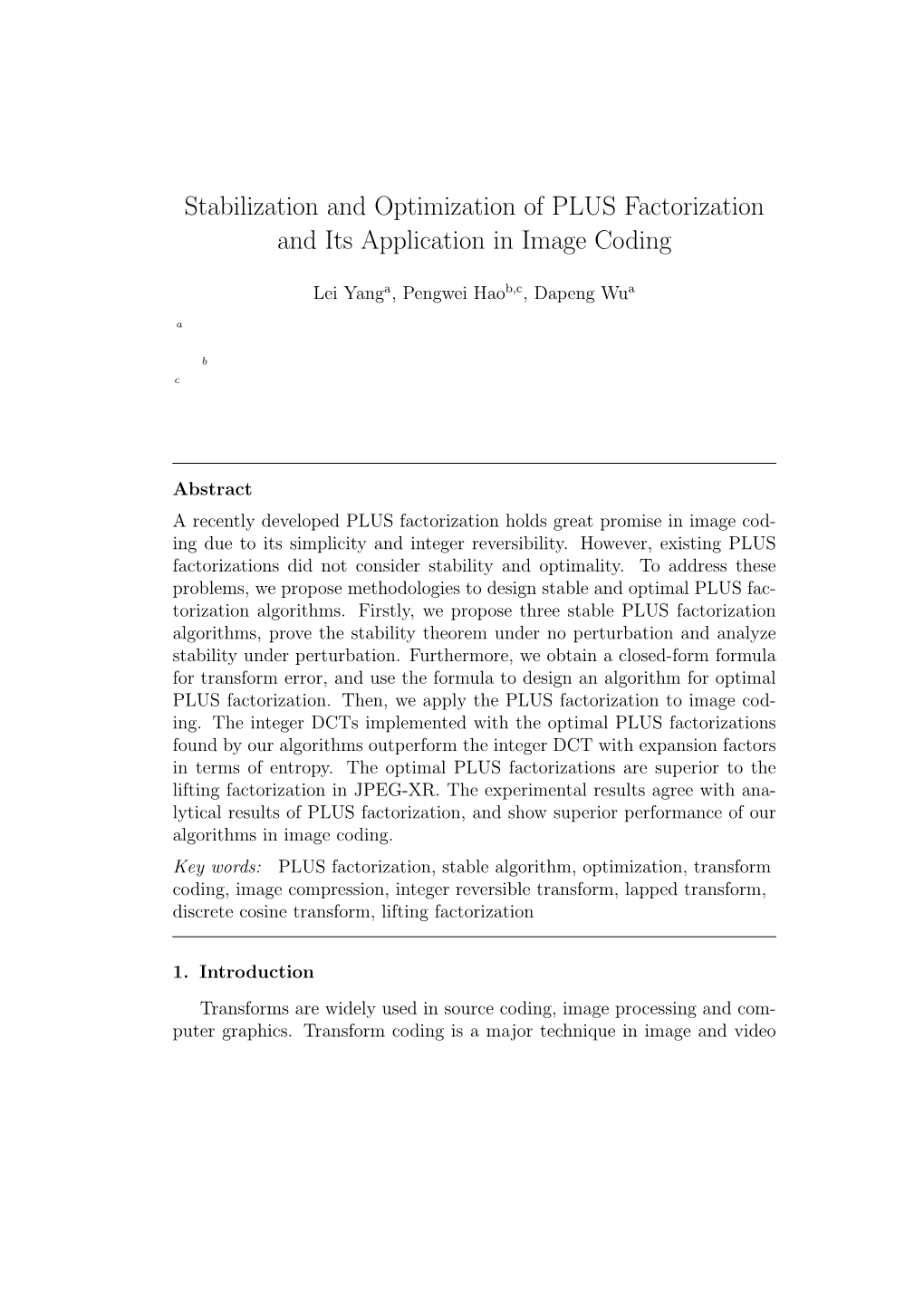 Stabilization and Optimization of PLUS Factorization and Its Application in Image Coding