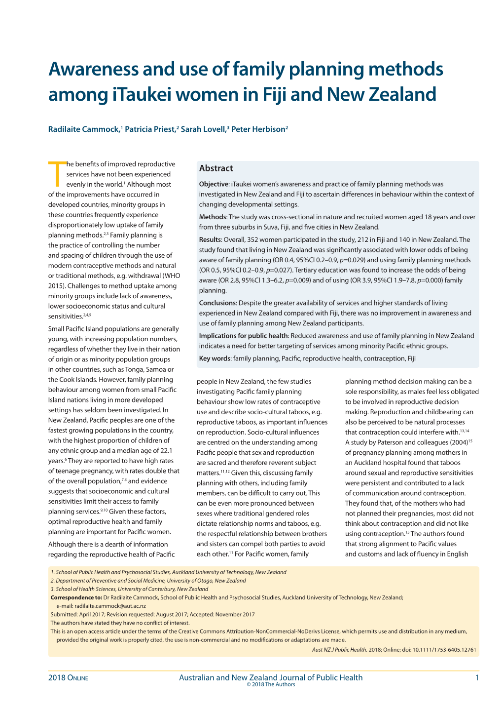 Awareness and Use of Family Planning Methods Among Itaukei Women in Fiji and New Zealand