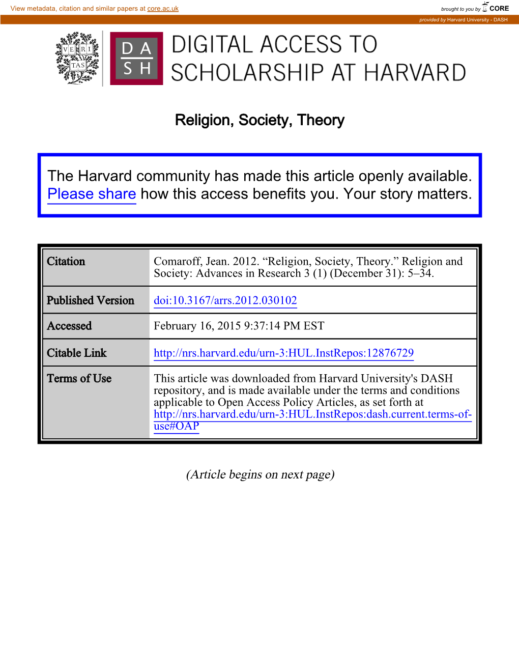 Comaroff Religion Society Theory