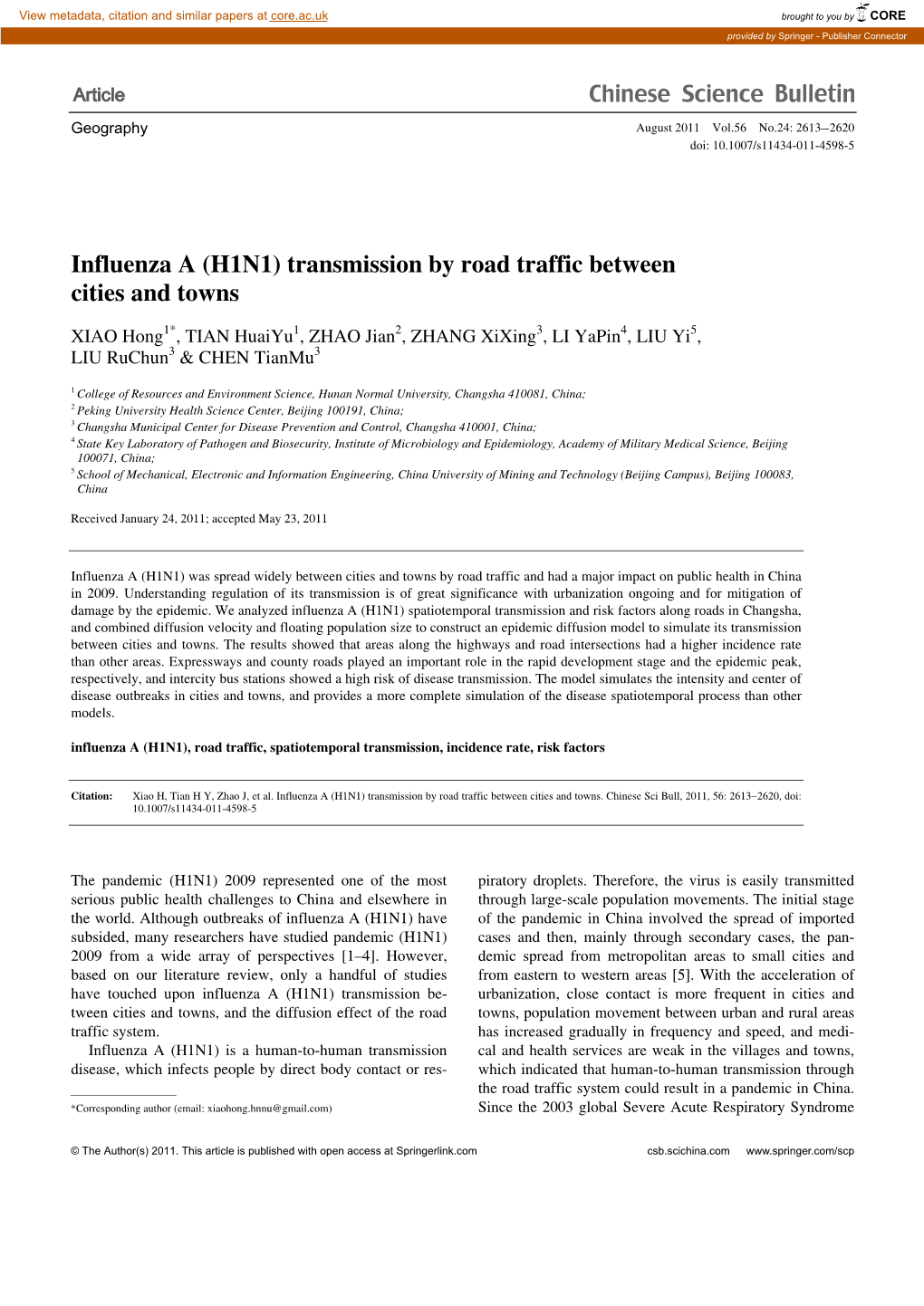 Influenza a (H1N1) Transmission by Road Traffic Between Cities and Towns