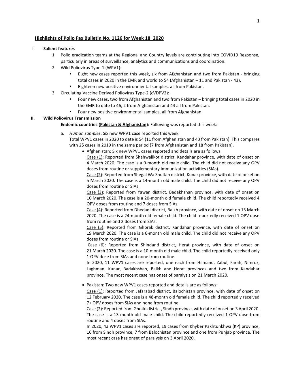 1 Highlights of Polio Fax Bulletin No. 1126 for Week 18 2020