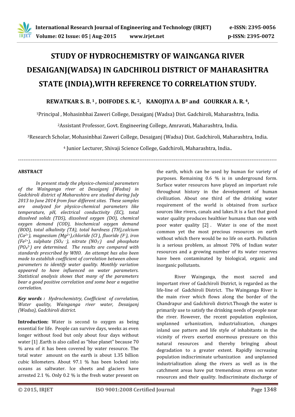 Study of Hydrochemistry of Wainganga River Desaiganj(Wadsa) in Gadchiroli District of Maharashtra State (India),With Reference to Correlation Study