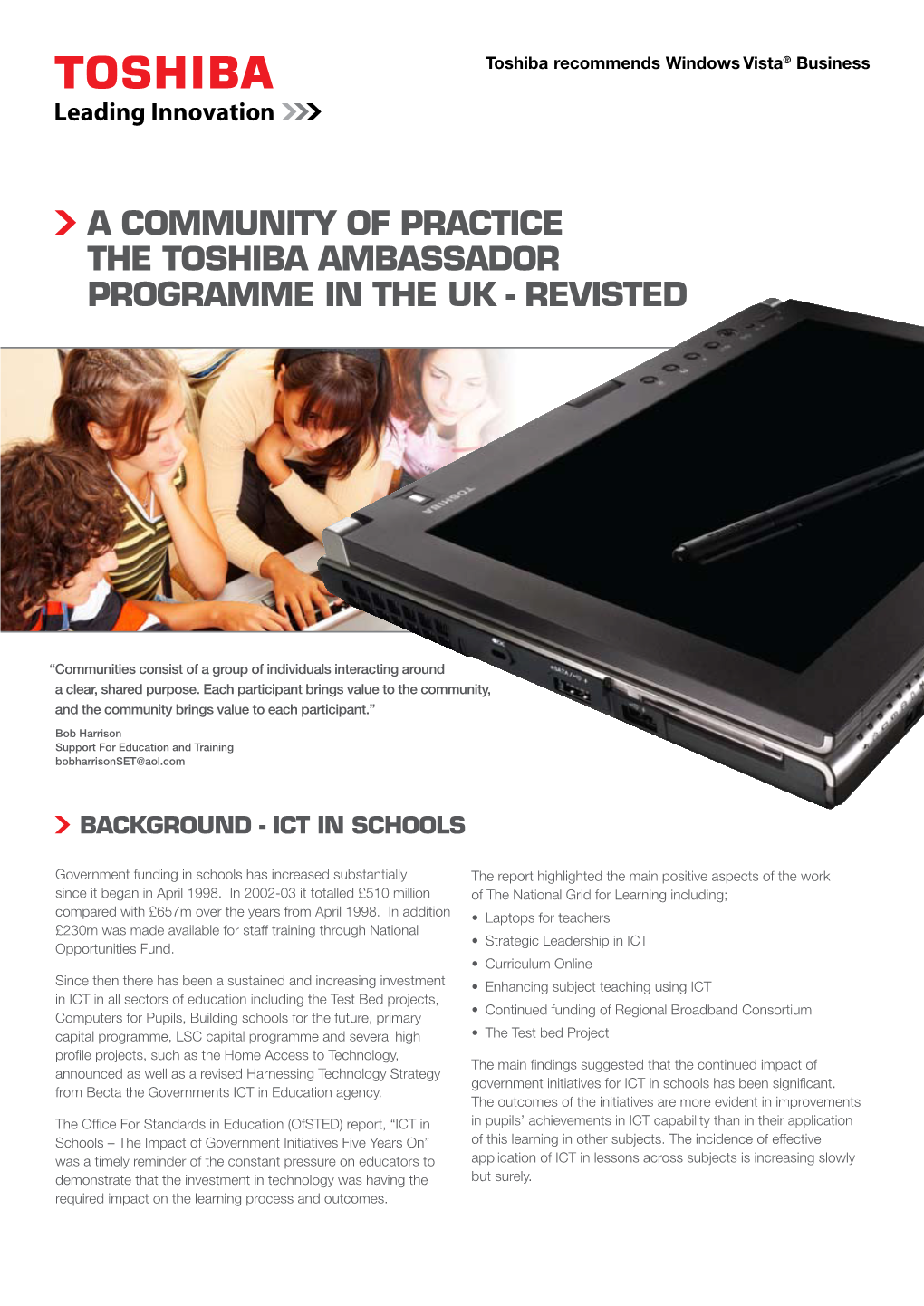 A Community of Practice the Toshiba Ambassador Programme in the UK - Revisted