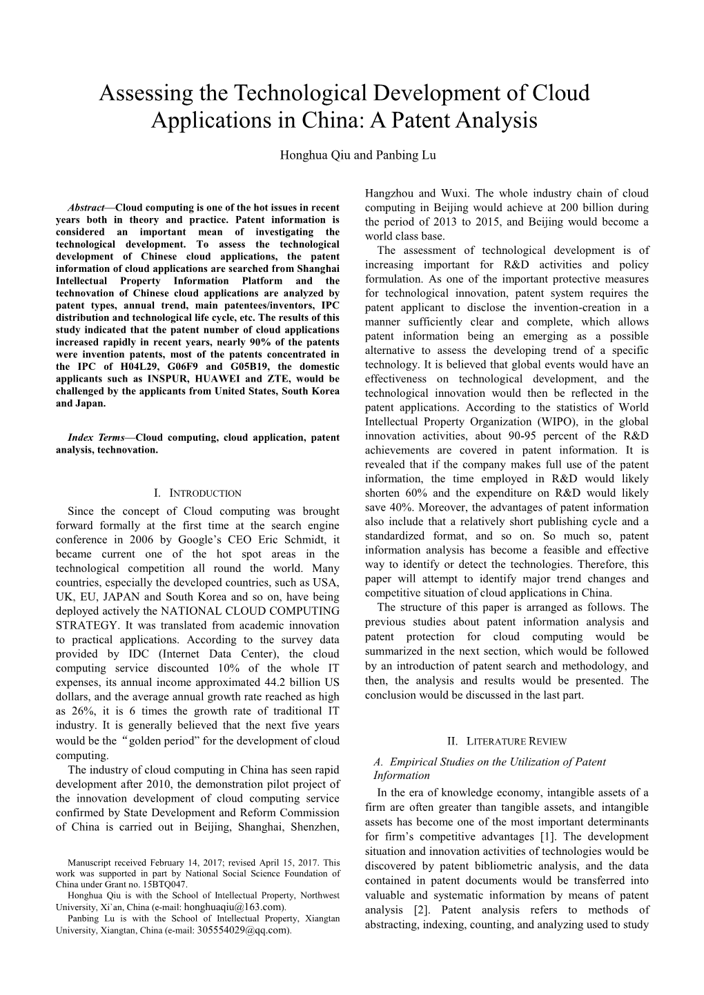 Assessing the Technological Development of Cloud Applications in China: a Patent Analysis