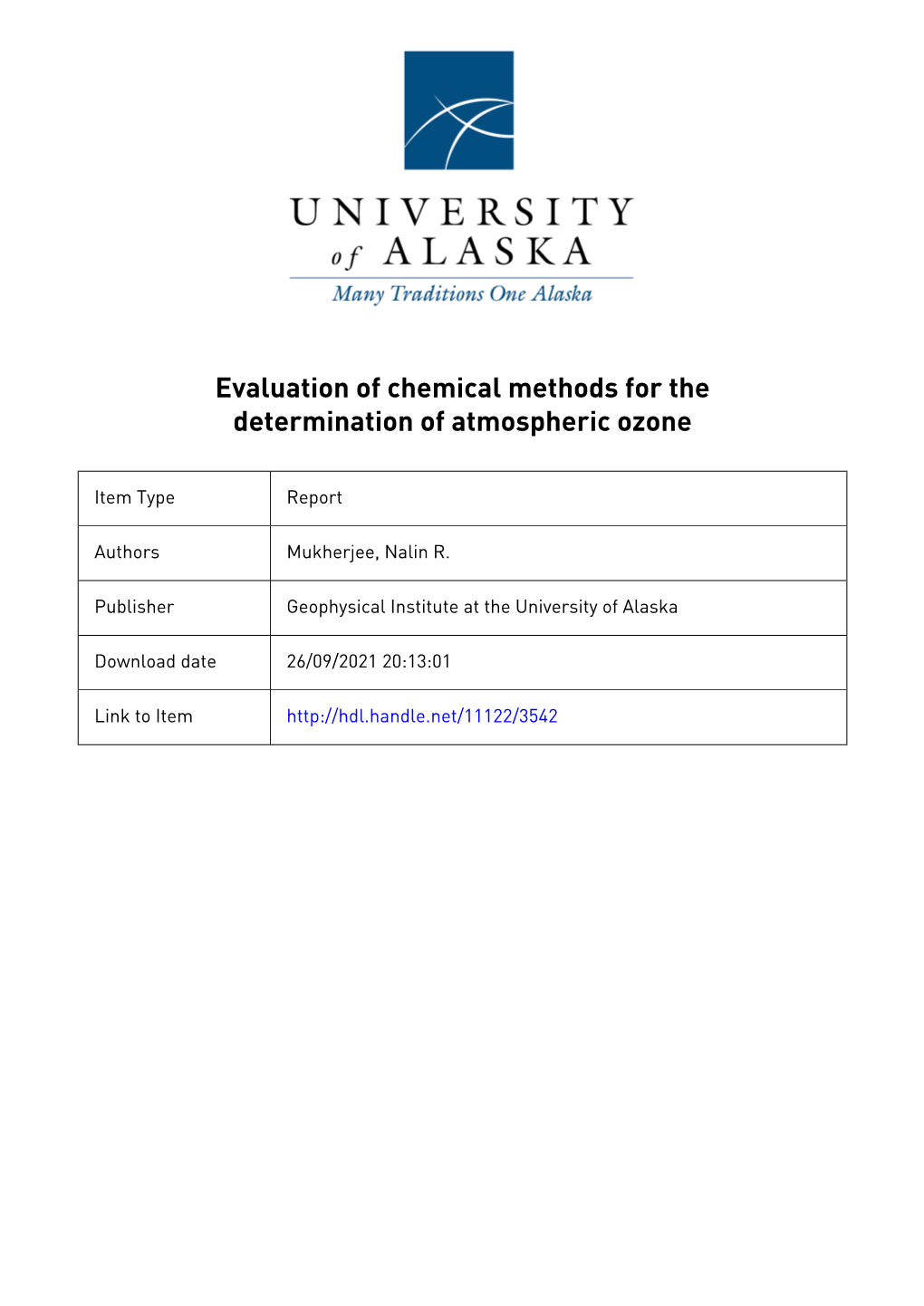 Scientific Report No* 1 EVALUATION of CHEMICAL METHODS FOR