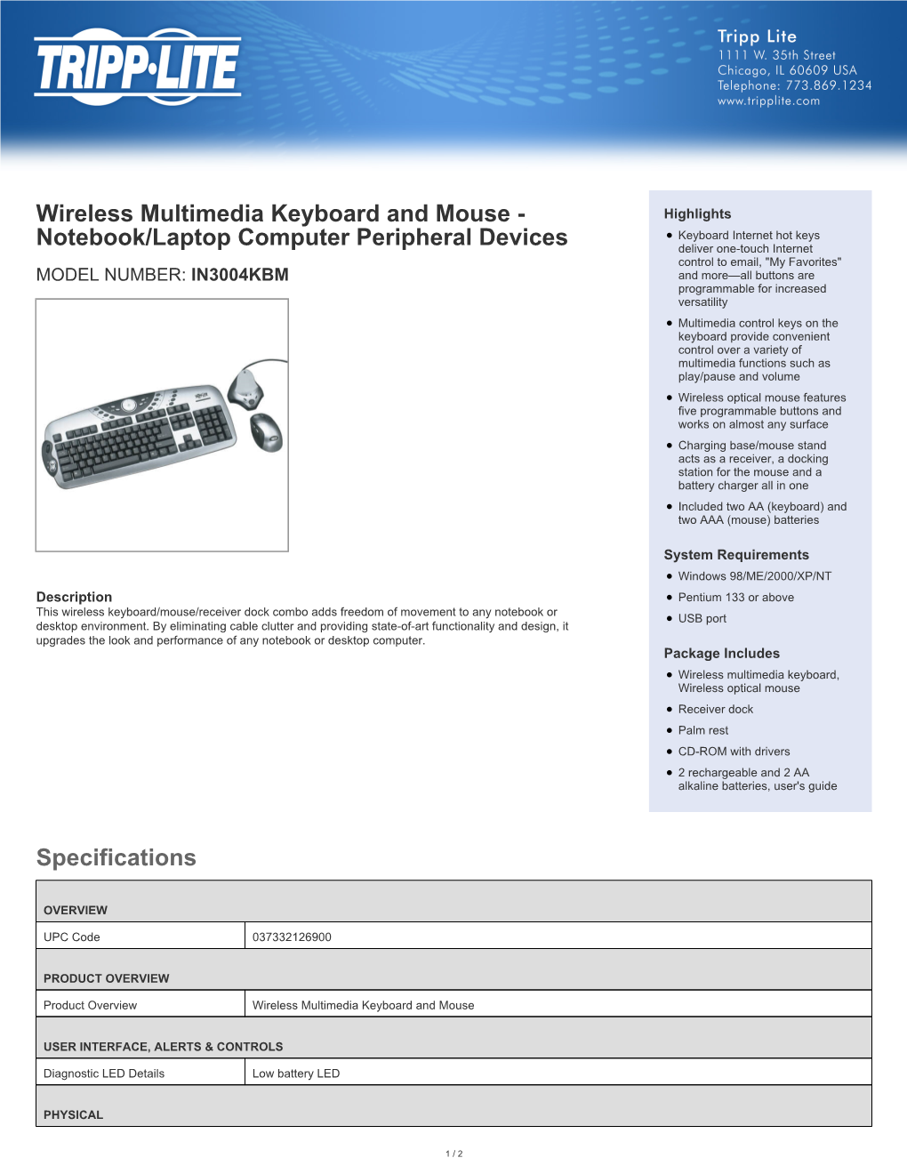 Specifications Wireless Multimedia Keyboard and Mouse