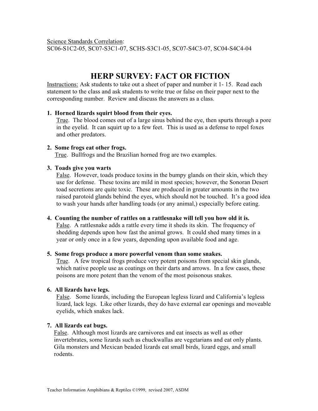 HERP SURVEY: FACT OR FICTION Instructions: Ask Students to Take out a Sheet of Paper and Number It 1- 15