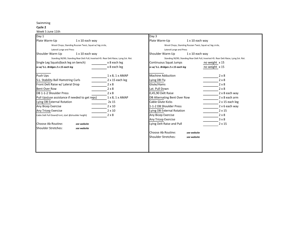 Swimming Cycle 2 Week 5 June 11Th Day 1 Day 3 Plate Warm-Up 1 X 10