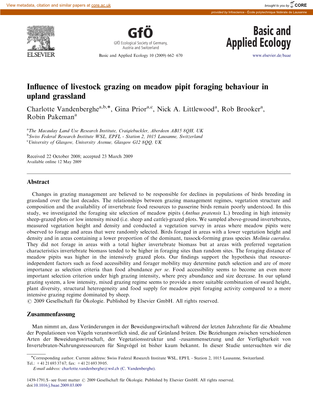 Influence of Livestock Grazing on Meadow Pipit Foraging Behaviour In