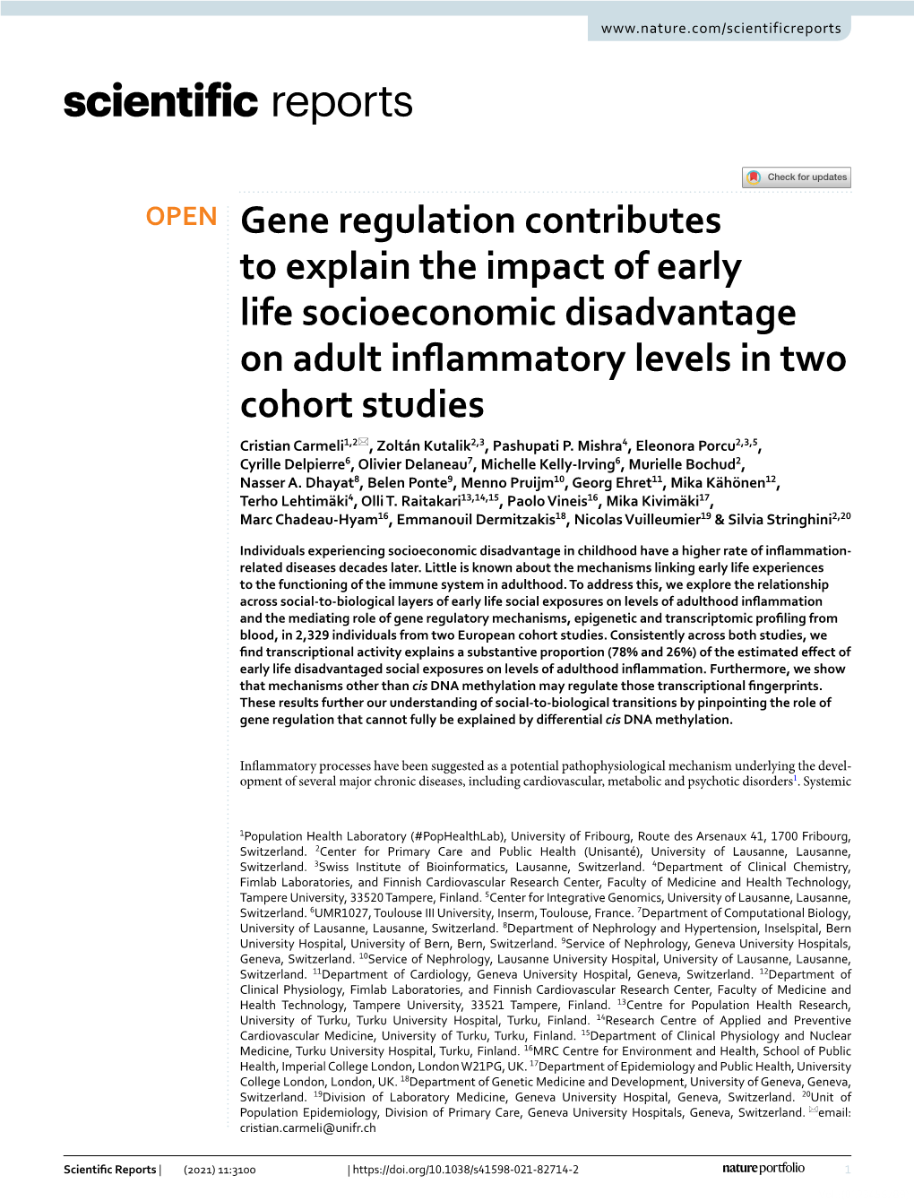 Gene Regulation Contributes to Explain the Impact of Early Life