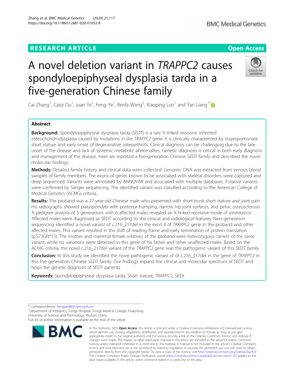 A Novel Deletion Variant in TRAPPC2 Causes Spondyloepiphyseal